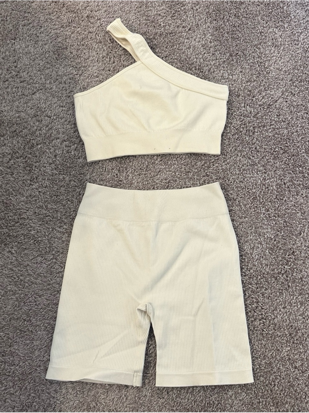 Amazon Cream Ribbed One-Shoulder Crop Top & High-Waist Bike Shorts Set